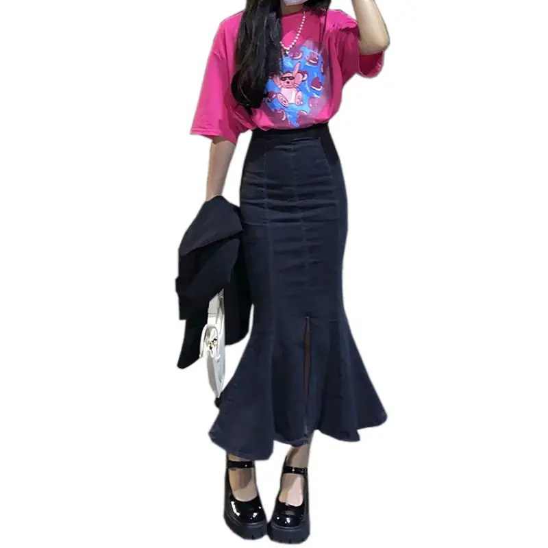 Black Denim Fishtail Skirt with High Waist & Split - Image 6