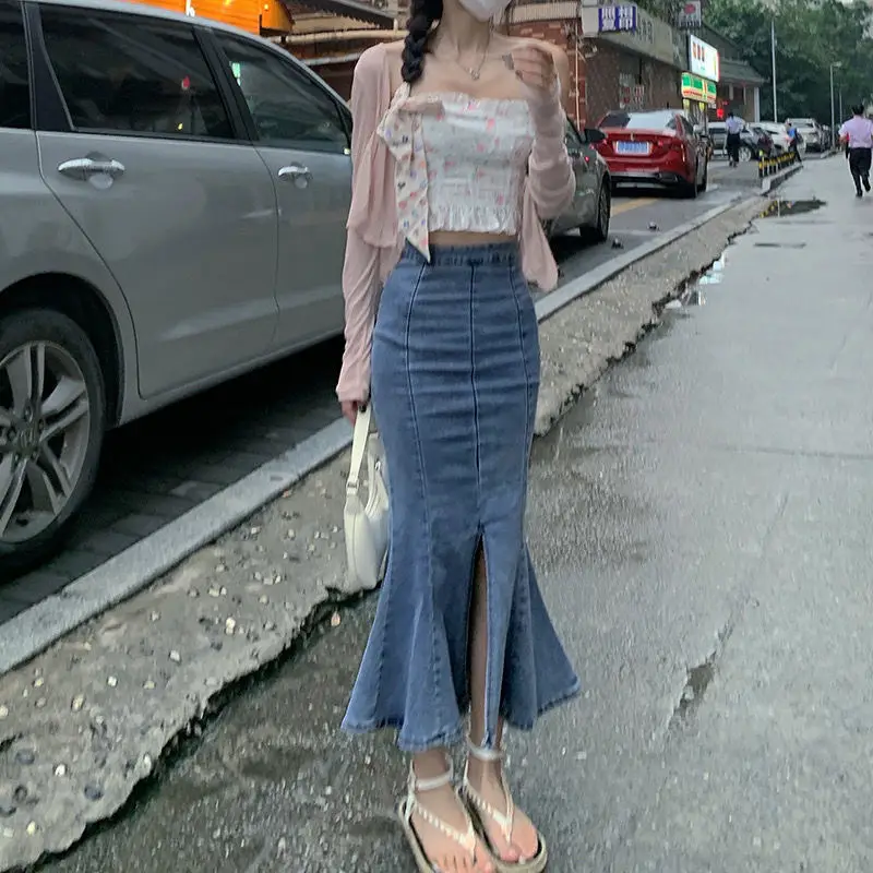 Black Denim Fishtail Skirt with High Waist & Split - Image 2