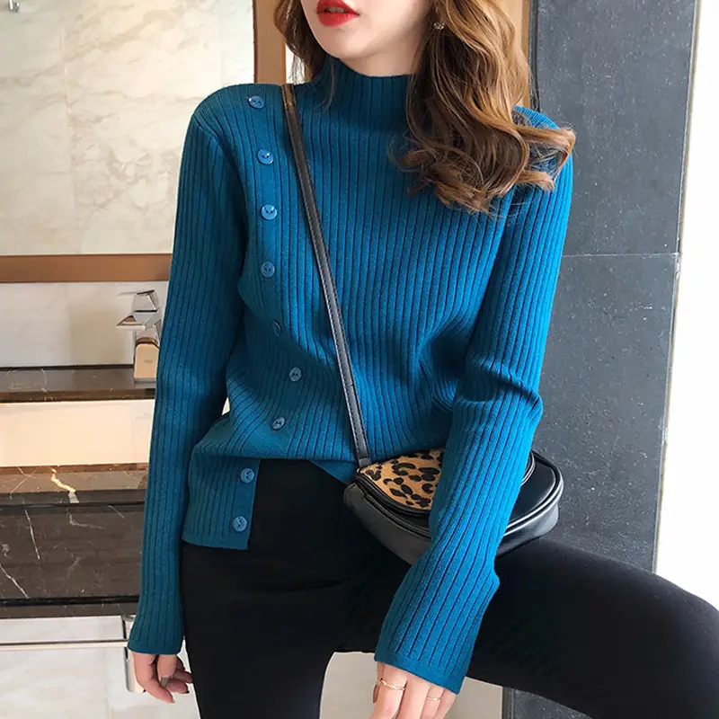 Korean Mock High Collar Knit Sweater Women Blue - Image 5