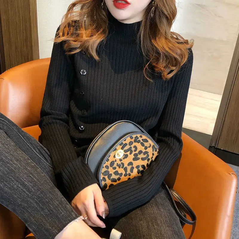 Korean Mock High Collar Knit Sweater Women Blue - Image 4
