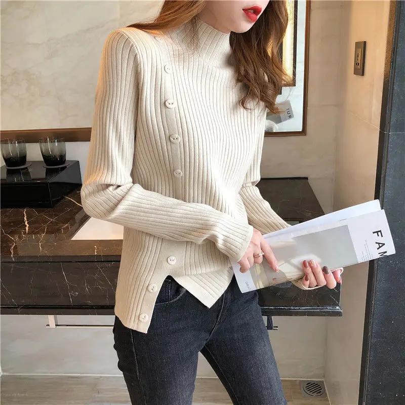 Korean Mock High Collar Knit Sweater Women Blue - Image 6