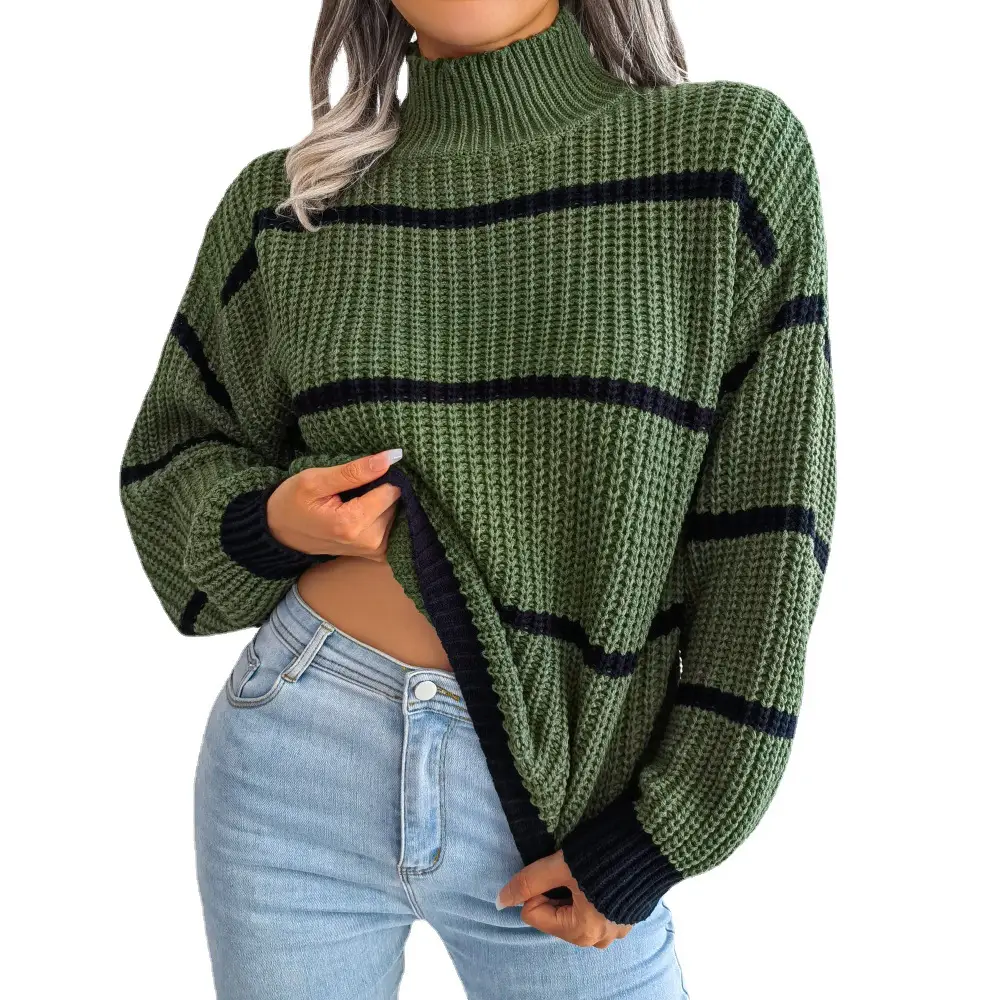 Women Knitted Striped Turtleneck Sweater Green Black - Image 8