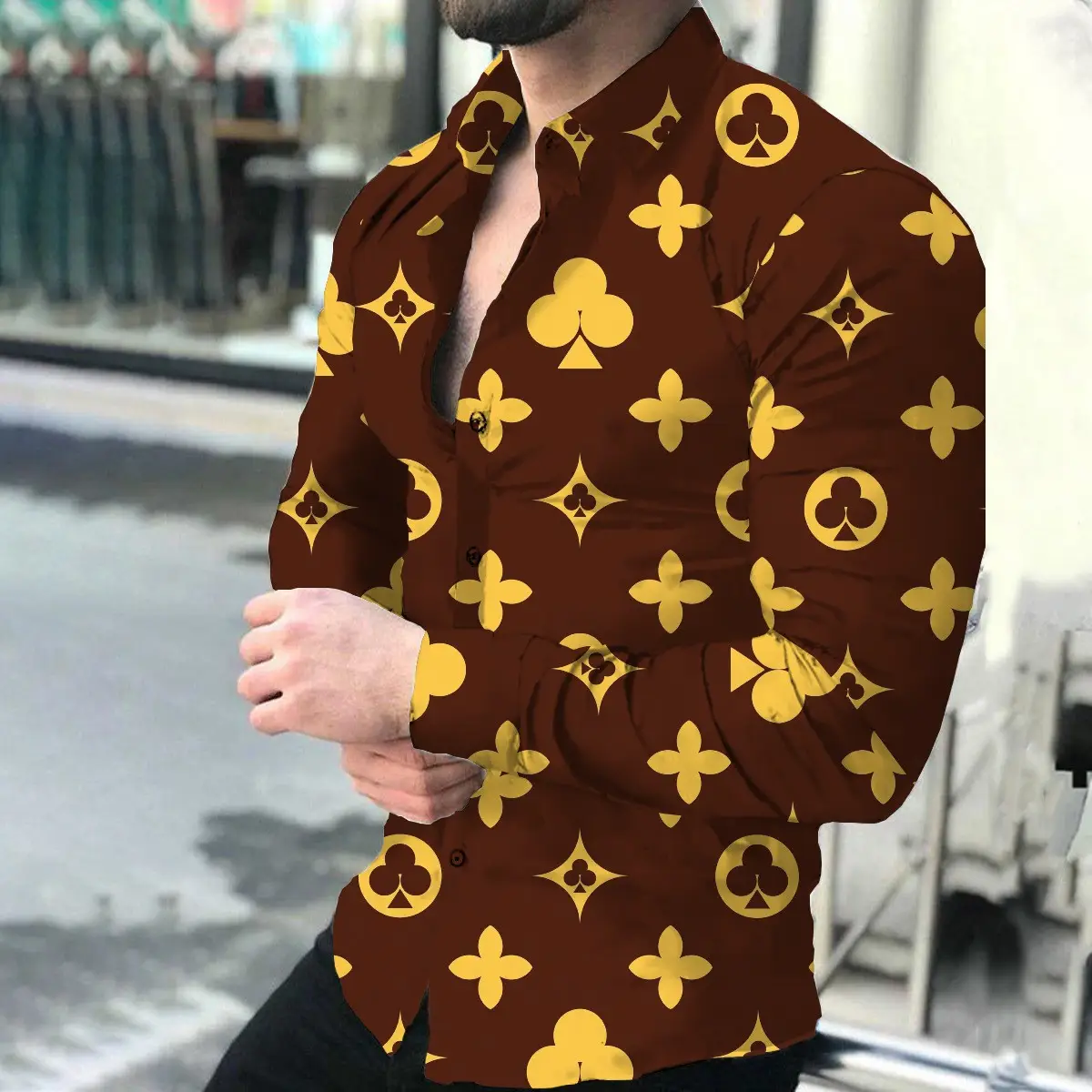 European Station Men's Printed Long Sleeve Shirt Tan - Image 10