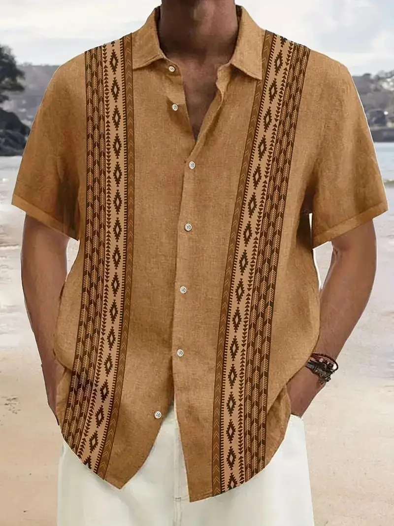 European Station Men's Printed Long Sleeve Shirt Tan - Image 6