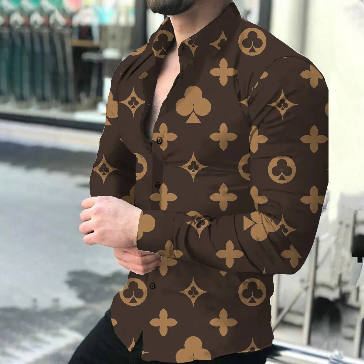 European Station Men's Printed Long Sleeve Shirt Tan - Image 7