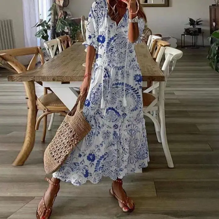 Women's Printed Sleeveless Mid-Length Dress Blue Patterned - Image 22