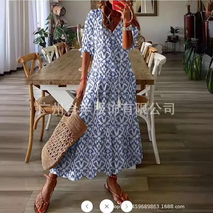 Women's Printed Sleeveless Mid-Length Dress Blue Patterned - Image 24