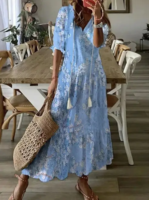 Women's Printed Sleeveless Mid-Length Dress Blue Patterned - Image 11