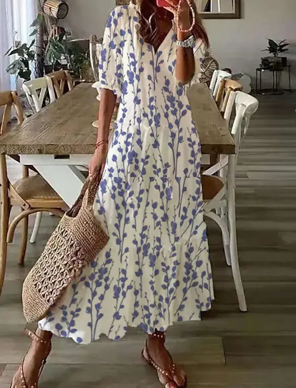 Women's Printed Sleeveless Mid-Length Dress Blue Patterned - Image 13