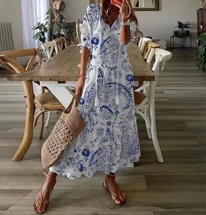 Women's Printed Sleeveless Mid-Length Dress Blue Patterned - Image 14