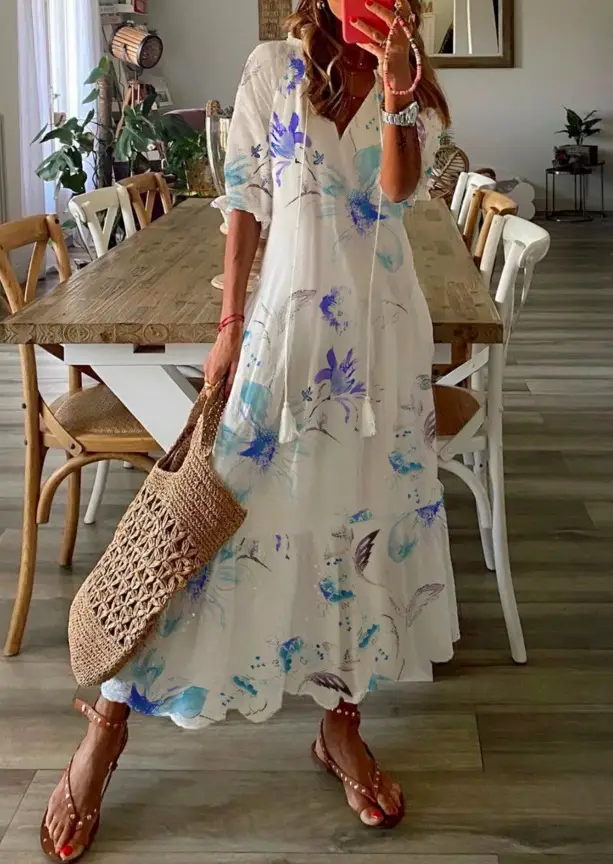 Women's Printed Sleeveless Mid-Length Dress Blue Patterned - Image 17