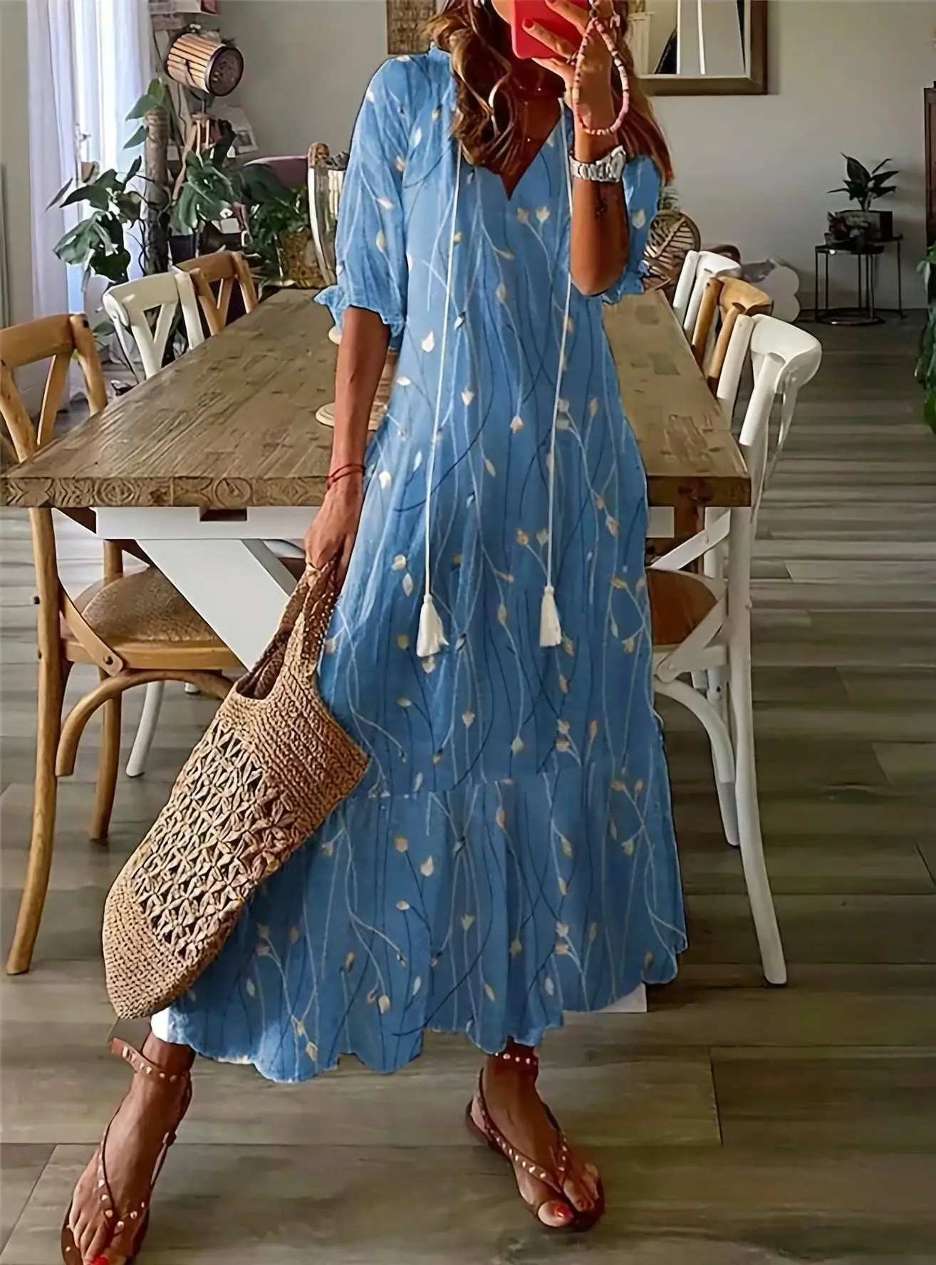 Women's Printed Sleeveless Mid-Length Dress Blue Patterned - Image 19
