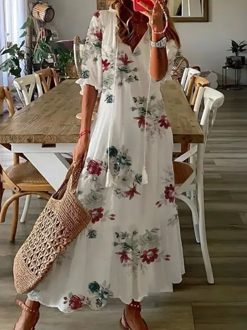 Women's Printed Sleeveless Mid-Length Dress Blue Patterned - Image 5