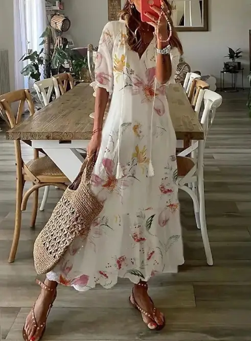 Women's Printed Sleeveless Mid-Length Dress Blue Patterned - Image 6