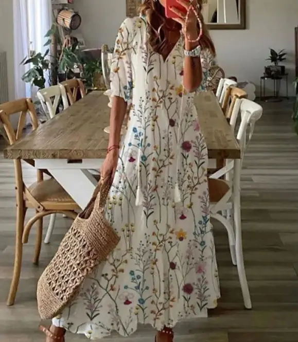 Women's Printed Sleeveless Mid-Length Dress Blue Patterned - Image 7