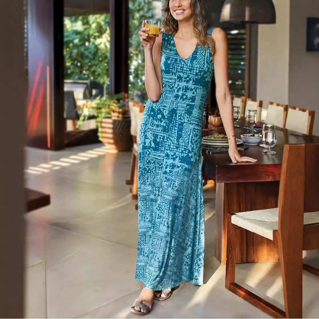 Women Printed Sleeveless Long Dress Grey Patterned - Image 5