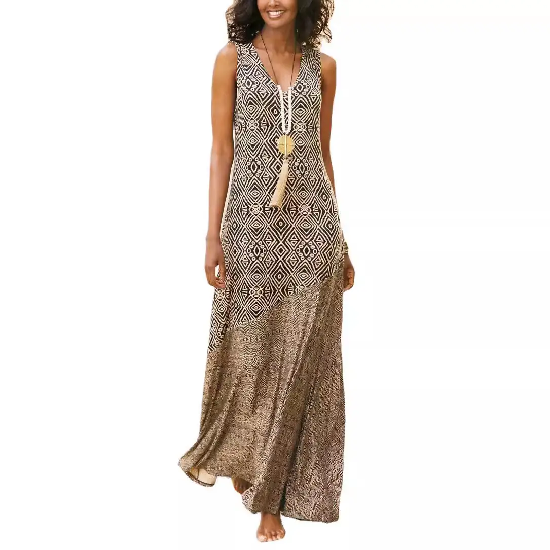 Women Printed Sleeveless Long Dress Grey Patterned - Image 6