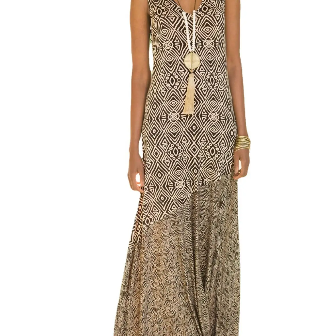 Women Printed Sleeveless Long Dress Grey Patterned - Image 8
