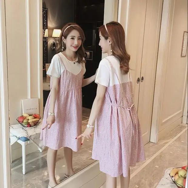 Maternity Dress Pink Floral Fake Two Piece Summer - Image 6