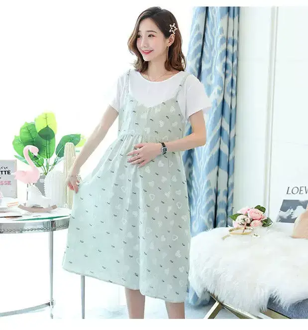 Maternity Dress Pink Floral Fake Two Piece Summer — feature 19