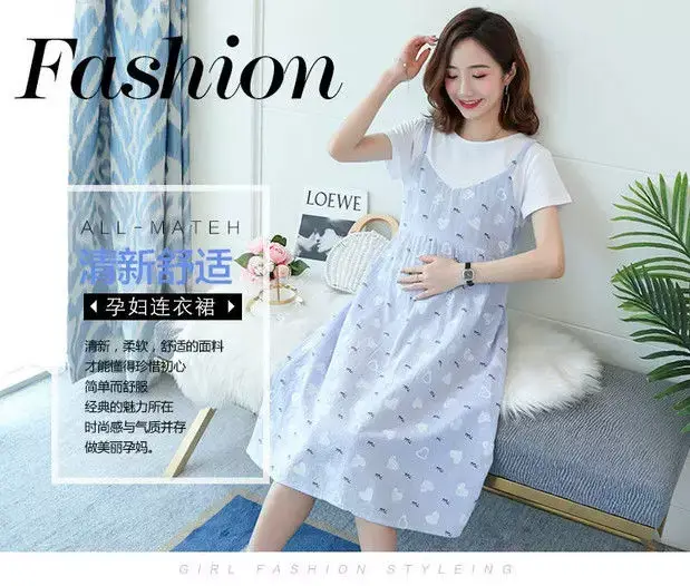 Maternity Dress Pink Floral Fake Two Piece Summer — feature 2