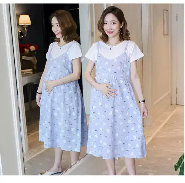 Maternity Dress Pink Floral Fake Two Piece Summer — feature 21