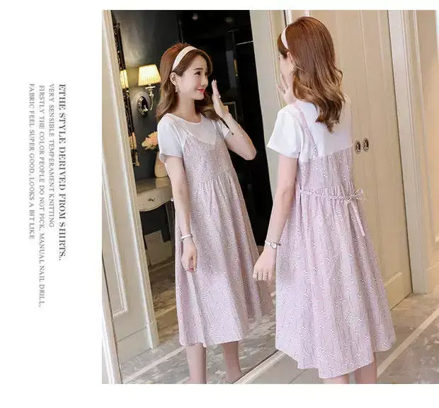 Maternity Dress Pink Floral Fake Two Piece Summer — feature 22