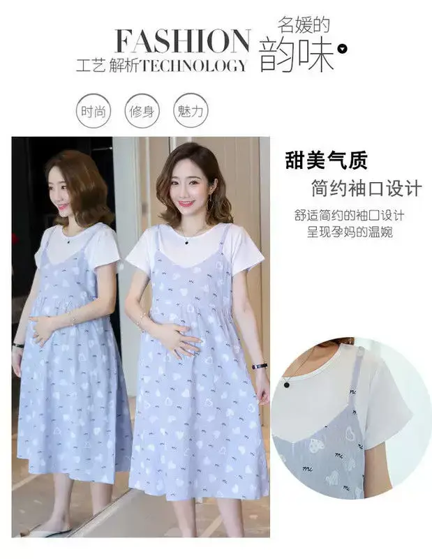 Maternity Dress Pink Floral Fake Two Piece Summer — feature 3