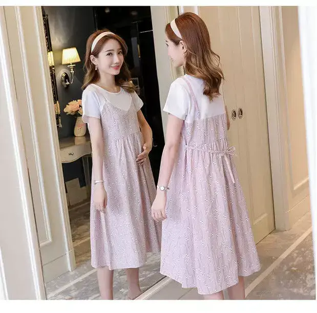 Maternity Dress Pink Floral Fake Two Piece Summer — feature 31