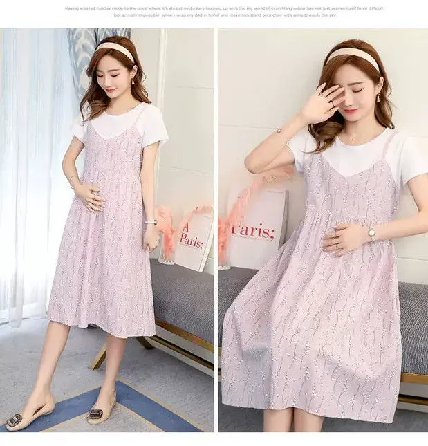 Maternity Dress Pink Floral Fake Two Piece Summer — feature 32