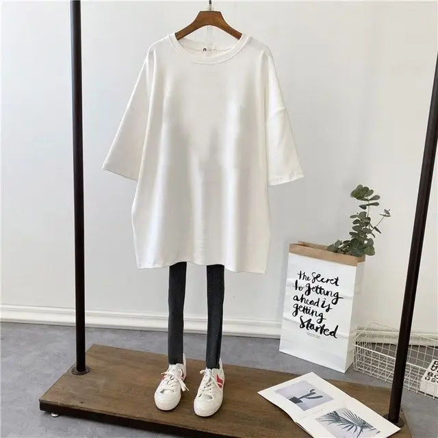 Pregnant Women T-Shirt White Cotton Mid Length Loose Fit - Image 11