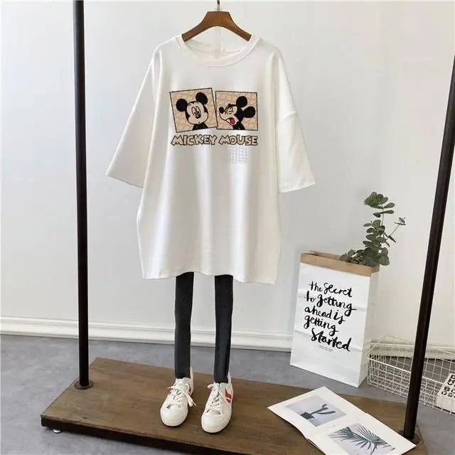 Pregnant Women T-Shirt White Cotton Mid Length Loose Fit - Image 2