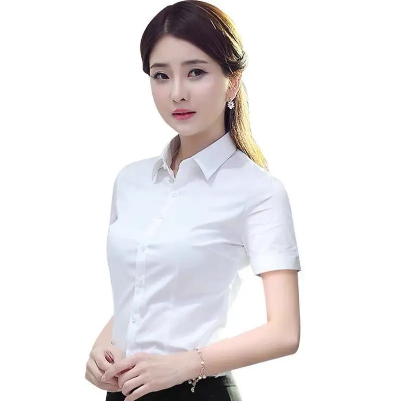 Women White Slim Fitting Shirt Short Sleeve Formal Wear - Image 5