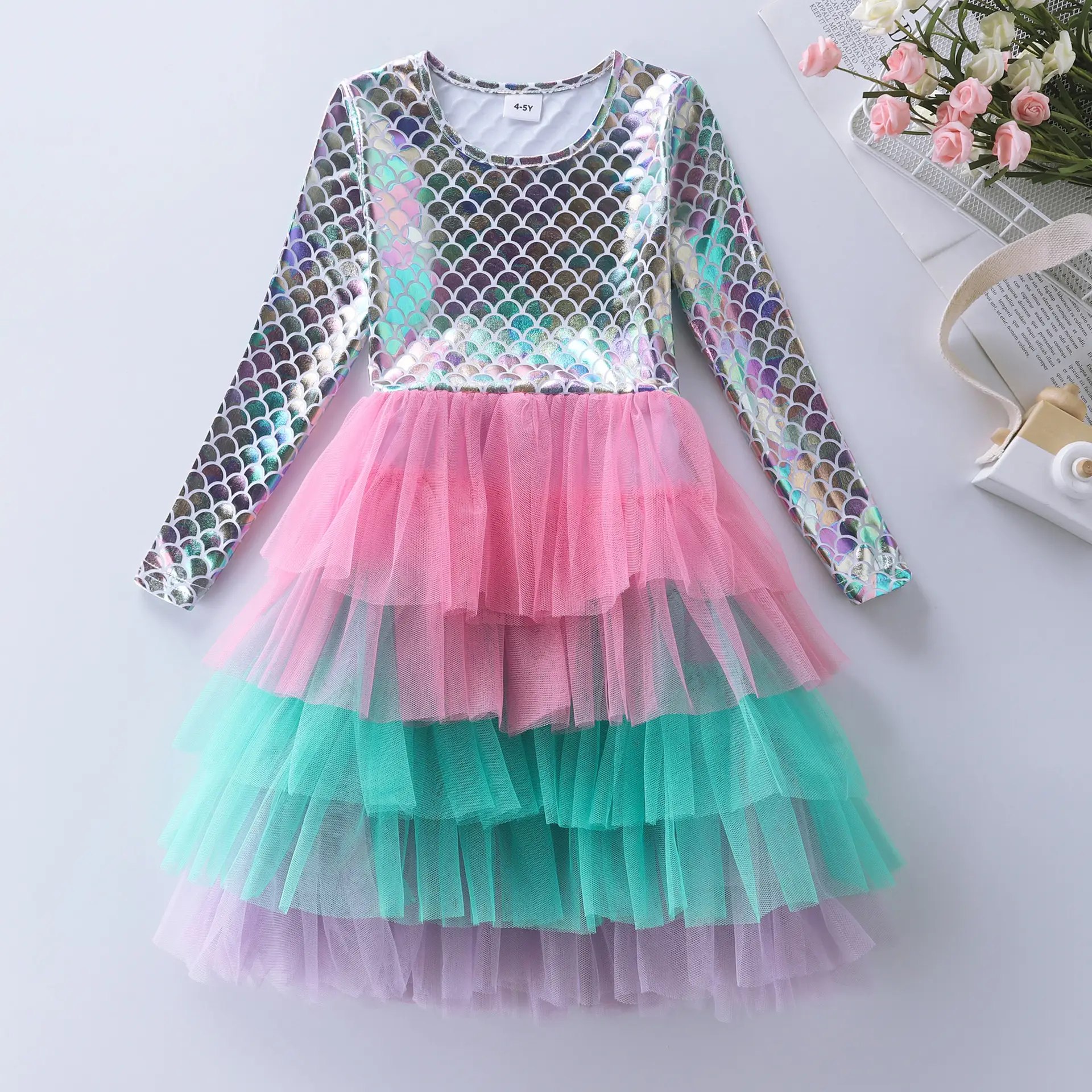 Girls Princess Dress Pink Tulle Long Sleeve Birthday Party - Image 6