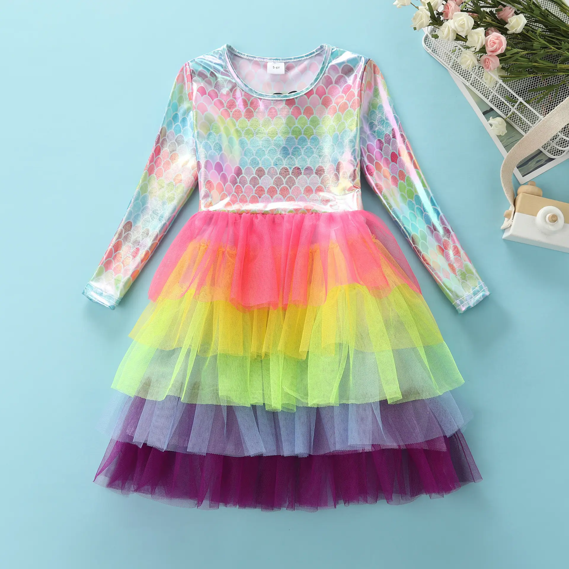 Girls Princess Dress Pink Tulle Long Sleeve Birthday Party - Image 8