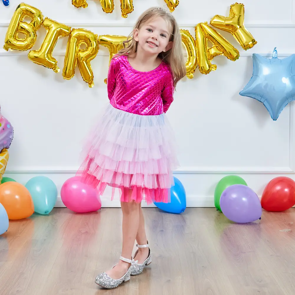 Girls Princess Dress Pink Tulle Long Sleeve Birthday Party - Image 9