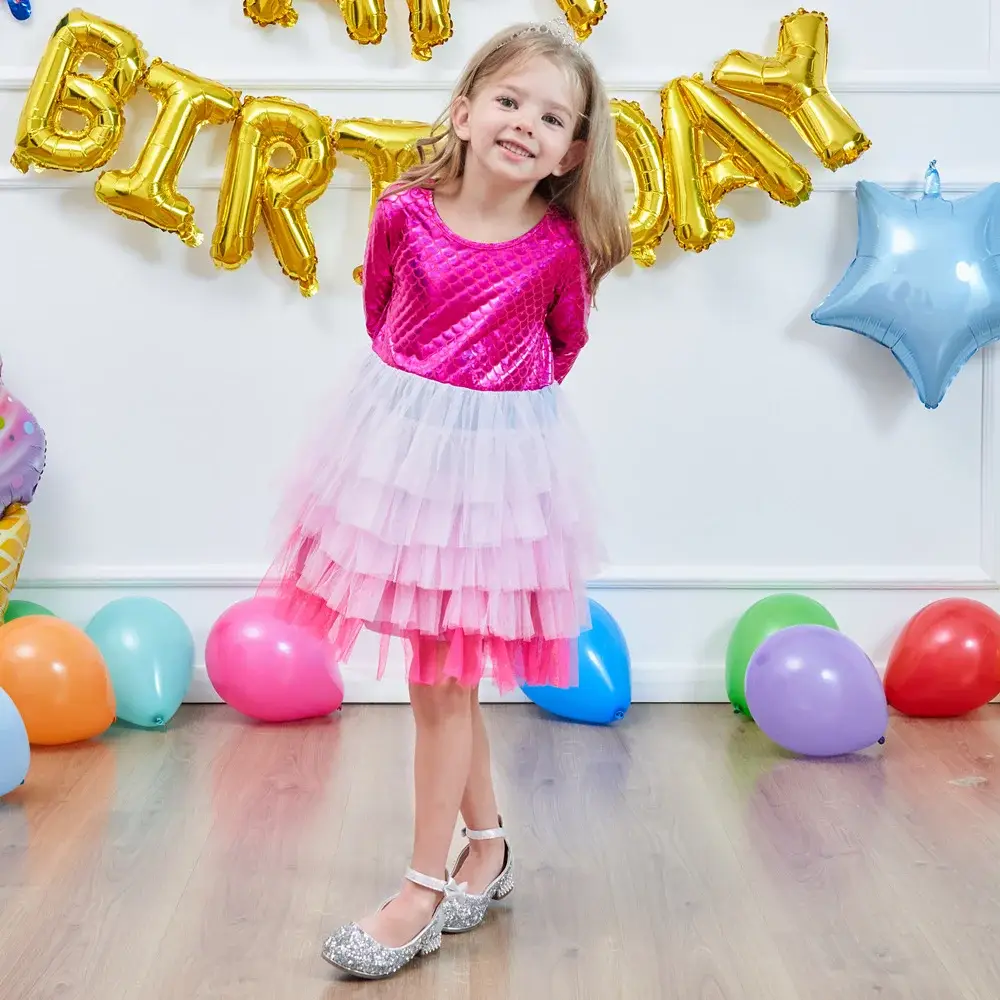 Girls Princess Dress Pink Tulle Long Sleeve Birthday Party — feature 21