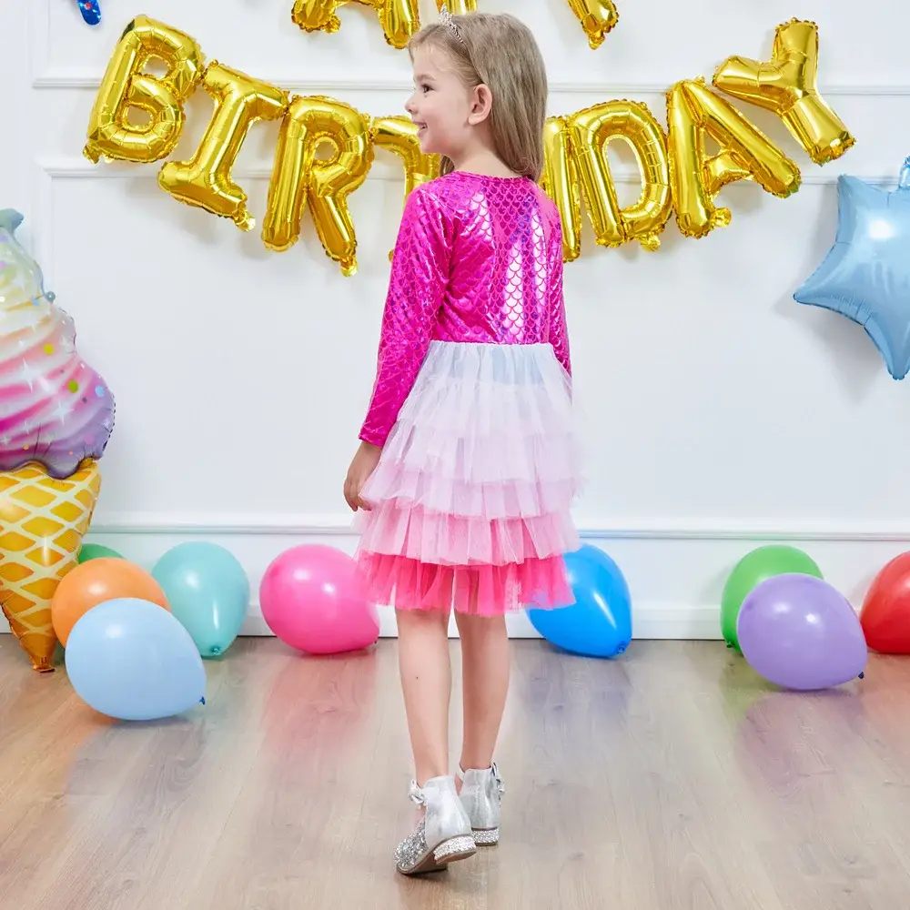Girls Princess Dress Pink Tulle Long Sleeve Birthday Party — feature 22