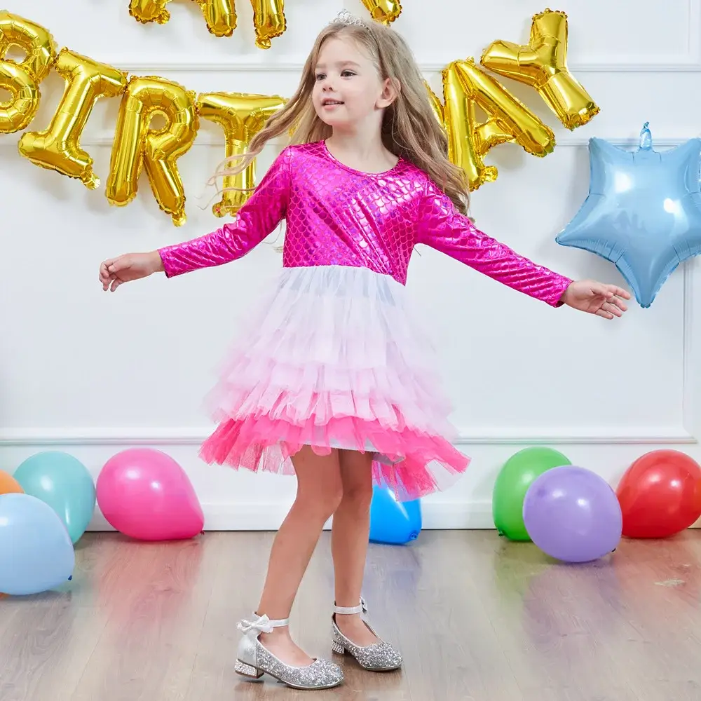 Girls Princess Dress Pink Tulle Long Sleeve Birthday Party — feature 23