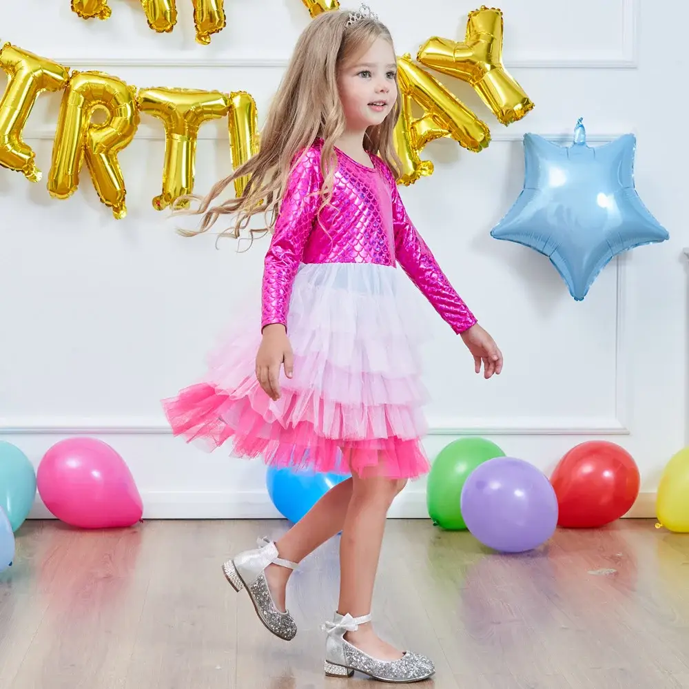 Girls Princess Dress Pink Tulle Long Sleeve Birthday Party — feature 24