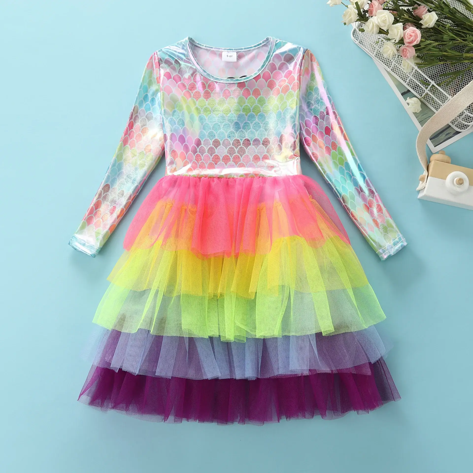 Girls Princess Dress Pink Tulle Long Sleeve Birthday Party — feature 34