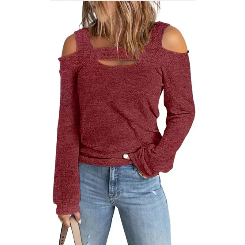 Women's Maroon Cold Shoulder Long Sleeve T-Shirt - Image 4
