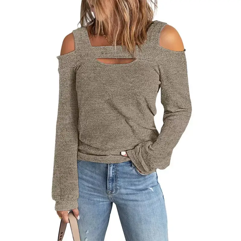 Women's Maroon Cold Shoulder Long Sleeve T-Shirt - Image 6