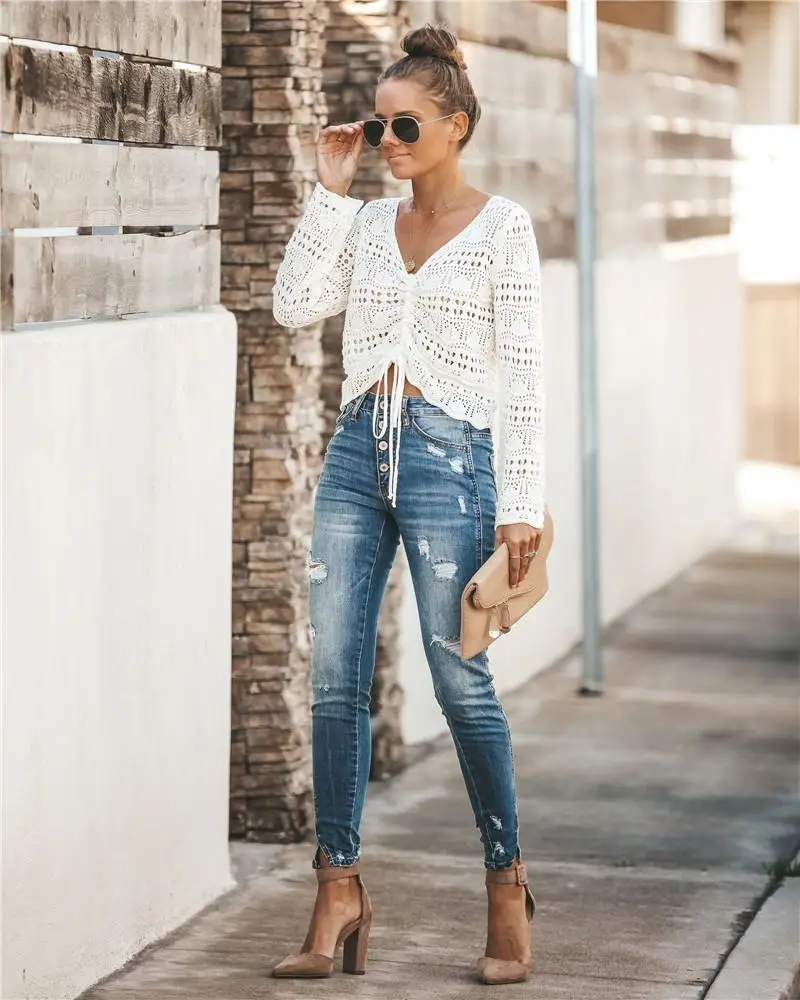 Women's White Crochet Long Sleeve V Neck Blouse - Image 14