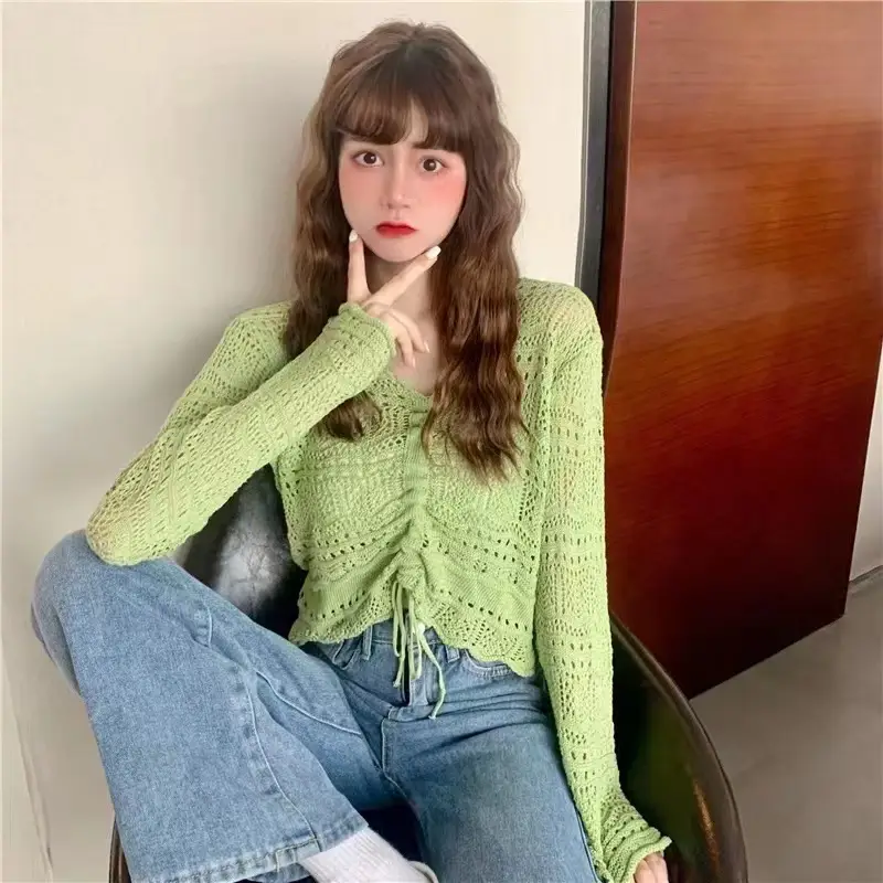 Women's White Crochet Long Sleeve V Neck Blouse - Image 3