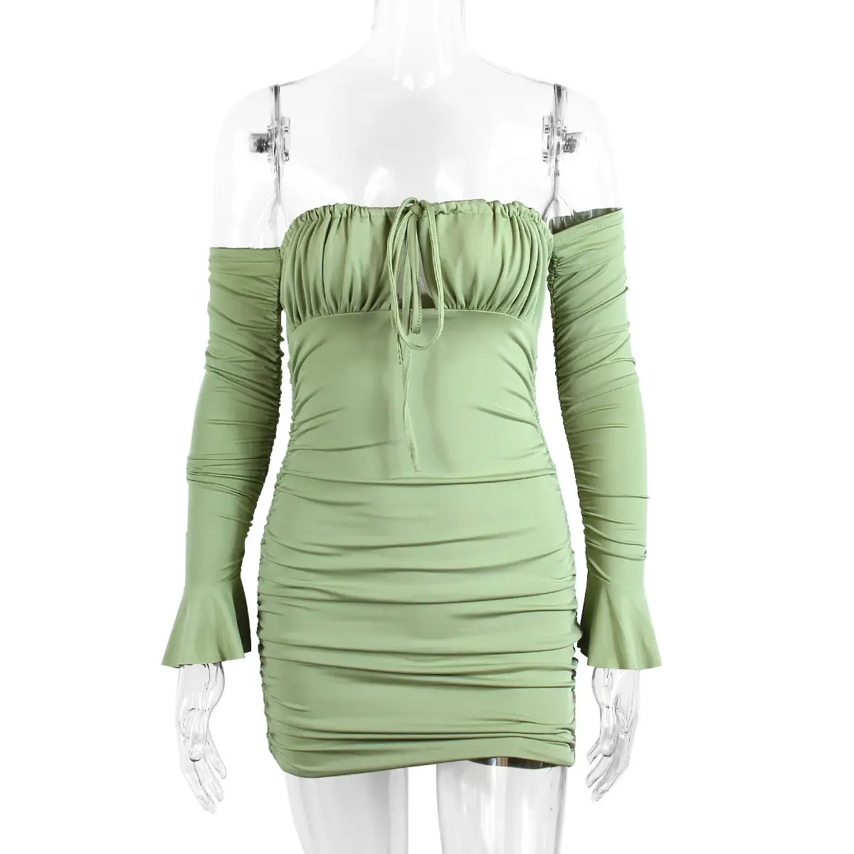 Green Long Sleeve One-Line Dress with Lace-Up Hip Skirt - Image 11