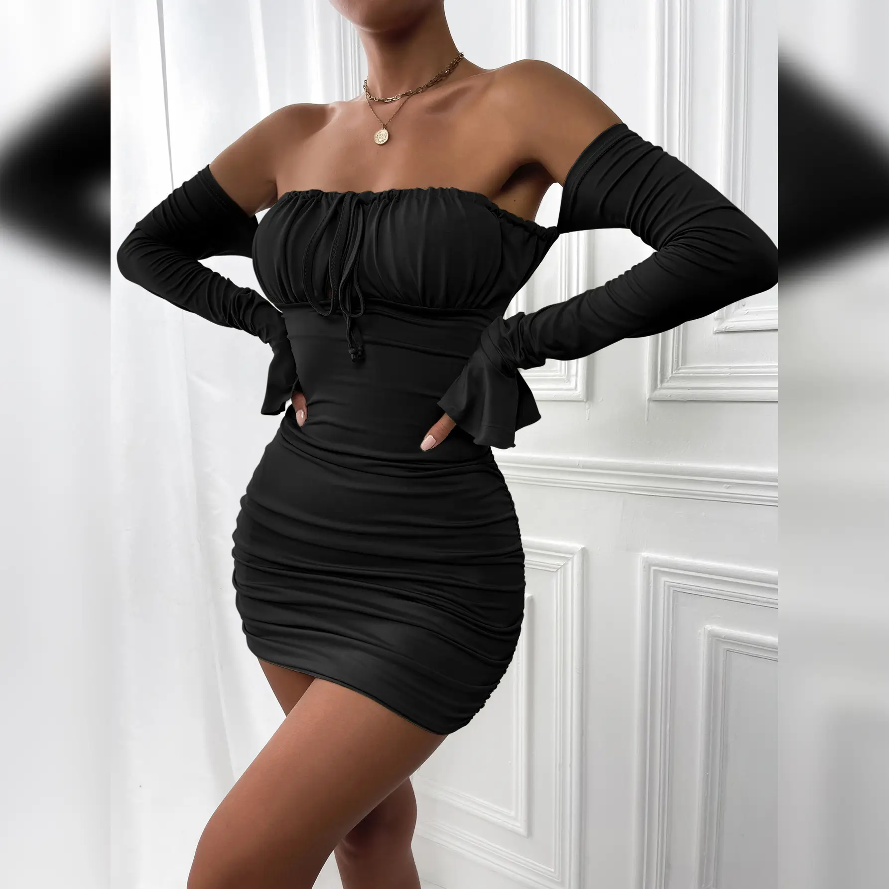Green Long Sleeve One-Line Dress with Lace-Up Hip Skirt - Image 2