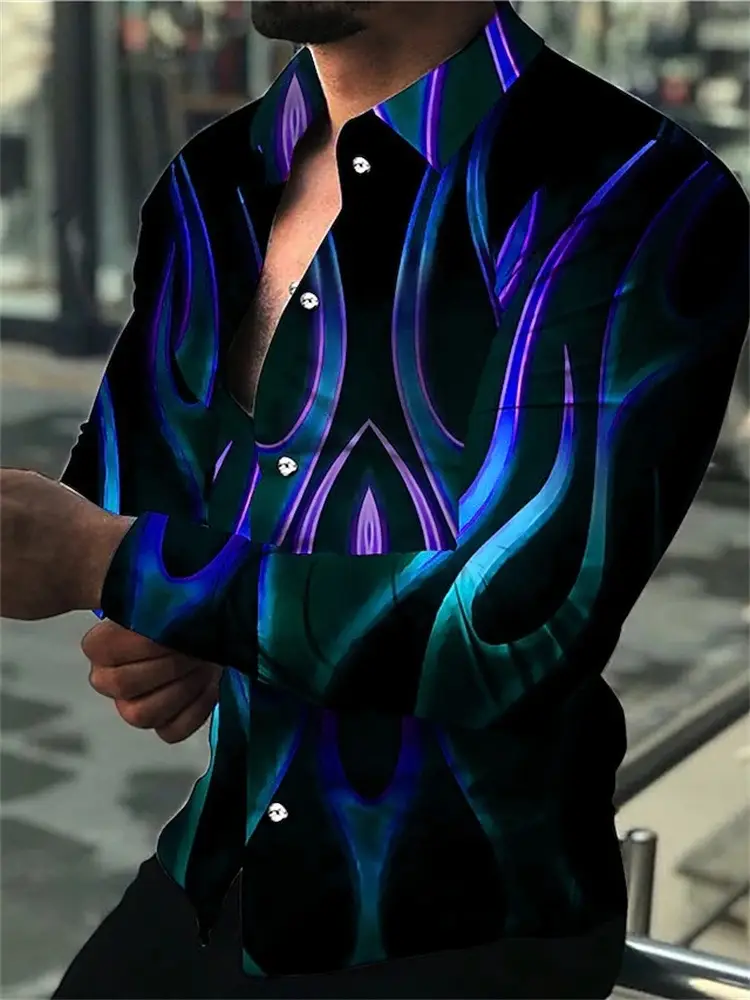 Men's 3D Leopard Print Long Sleeve Shirt Teal Yellow - Image 16