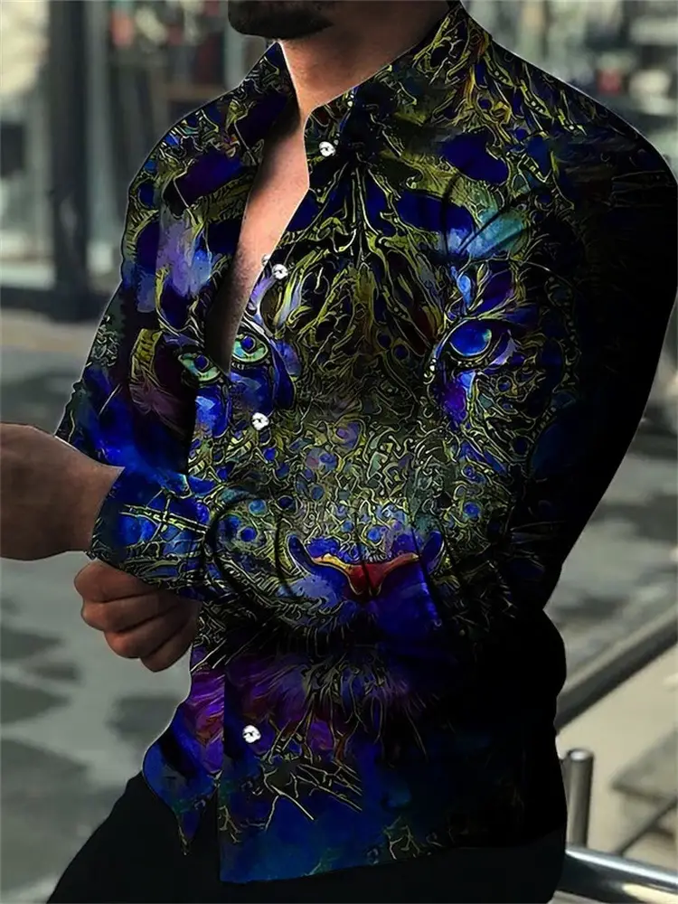 Men's 3D Leopard Print Long Sleeve Shirt Teal Yellow - Image 17