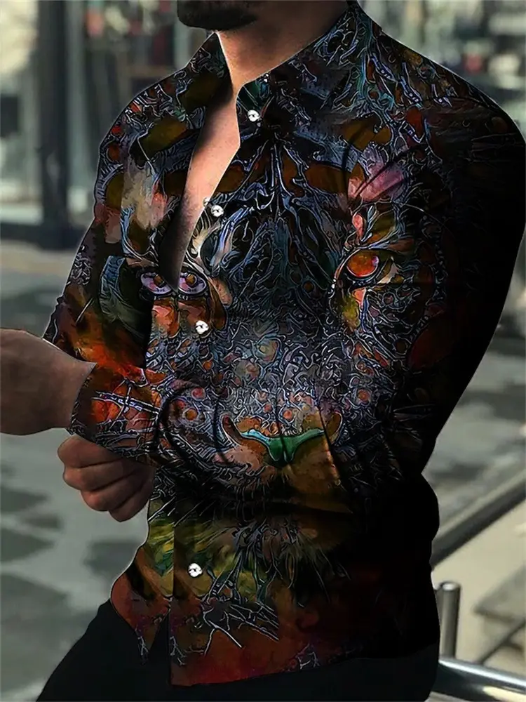 Men's 3D Leopard Print Long Sleeve Shirt Teal Yellow - Image 19